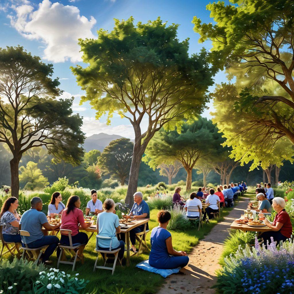 A serene landscape depicting a diverse group of people engaging in supportive activities related to wellness, including a therapy session, a nutritious cooking class, and a community gathering. Surrounding them are vibrant, colorful plants representing growth and healing, symbolizing the journey through cancer care. The sky is bright and hopeful, incorporating elements of sunlight filtering through trees. super-realistic. vibrant colors. peaceful atmosphere.