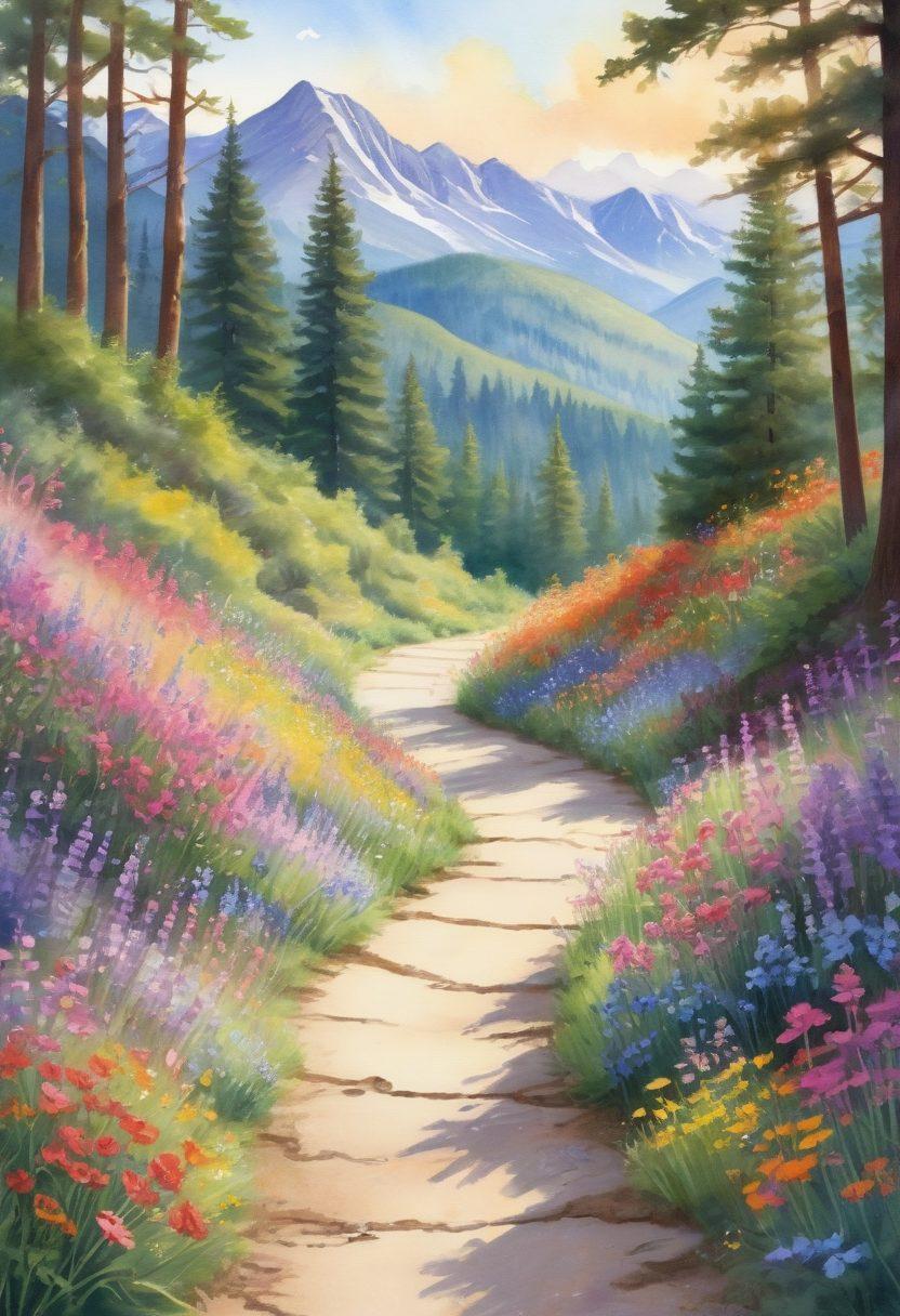A serene landscape depicting a winding pathway through a vibrant forest, symbolizing the journey through cancer care. Along the path, colorful wildflowers bloom, representing hope and healing, while soft sunlight filters through the trees. Include silhouettes of diverse individuals walking together, showcasing support and community. The background features distant mountains, symbolizing challenges overcome. watercolor style, soft pastel colors.