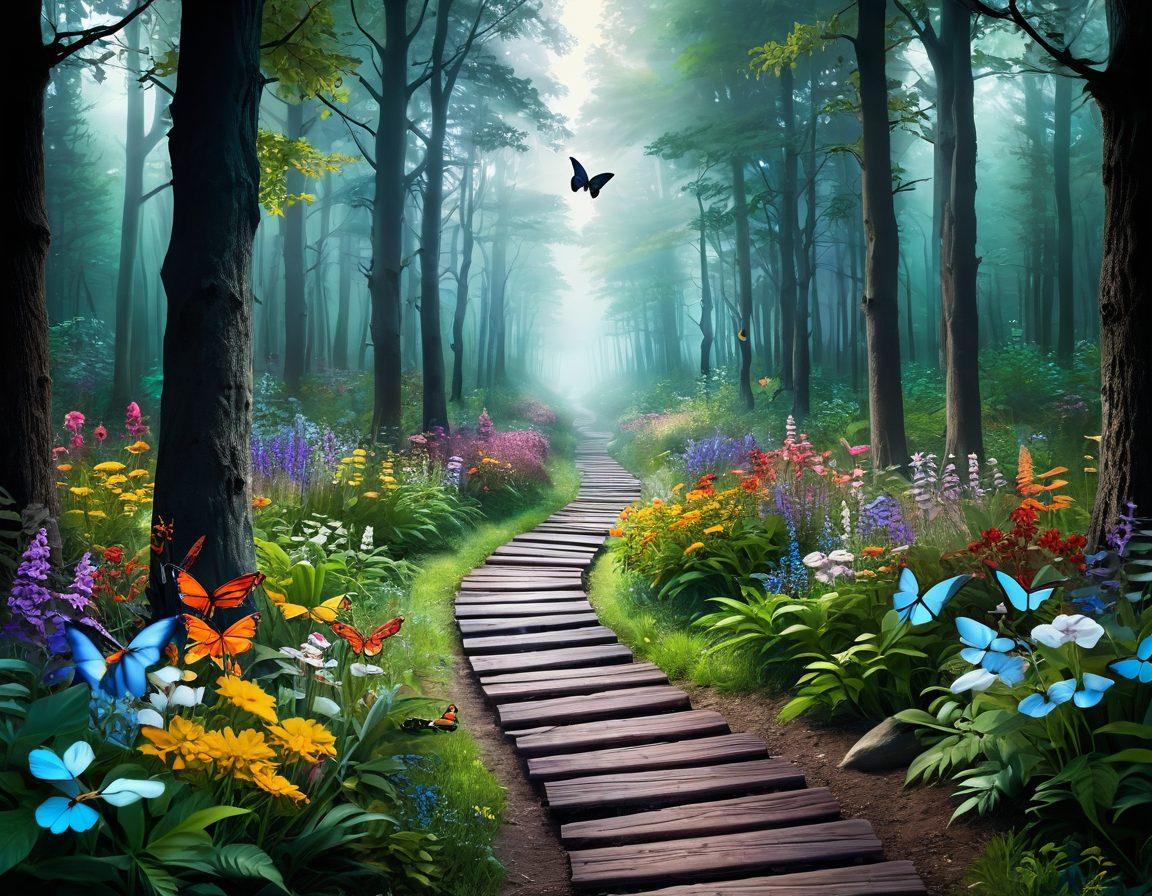 A serene landscape depicting a pathway leading from a dark forest (symbolizing diagnosis) to a bright, flourishing garden (representing thriving and survivorship). Include subtle elements like butterflies and blooming flowers to signify hope and healing. A diverse group of individuals at different stages of their journey can be seen walking together, embracing life and support. soft focus. vibrant colors. 3D.